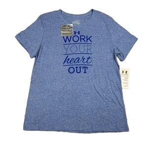 Under Armour Womens‎ Shirt L Blue Work Your Heart Out HeatGear Gym Fitness
